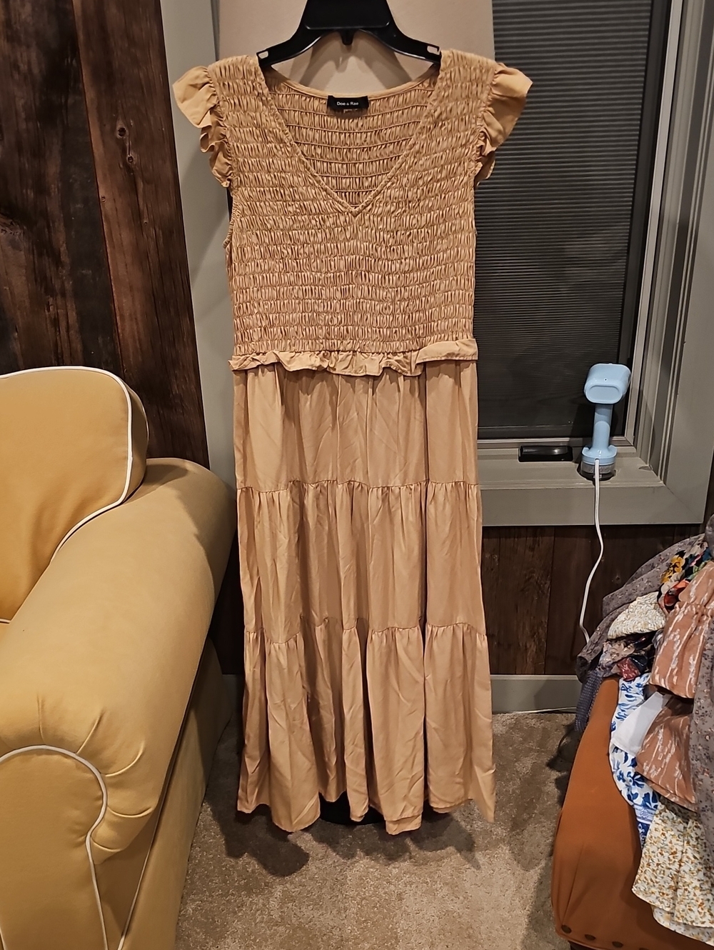 Doe & Rae Beige Smocked Tiered Maxi Dress